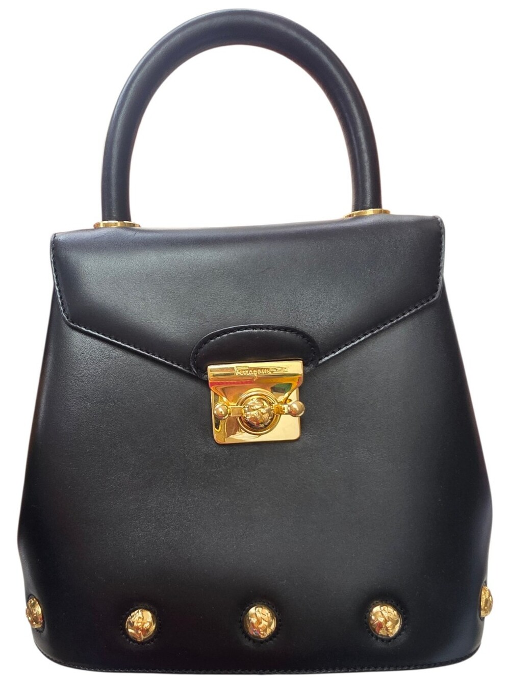 Vintage Salvatore Ferragamo Black Leather Top Handle Bag Gold Medallion Hardware